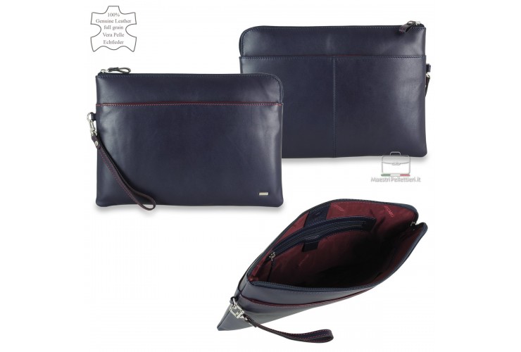 Portadocumenti zip A4 Cartellina in pelle liscia Blu