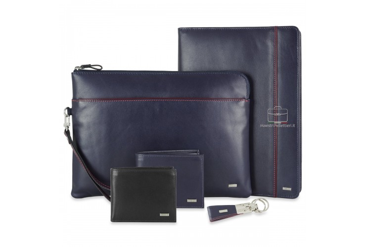 Portadocumenti zip A4 Cartellina in pelle liscia Blu