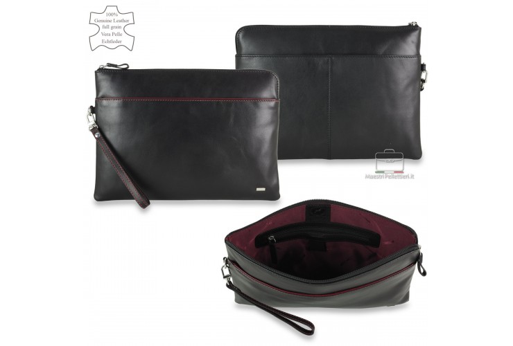Leather Folder zip document portfolio, smooth leather Black