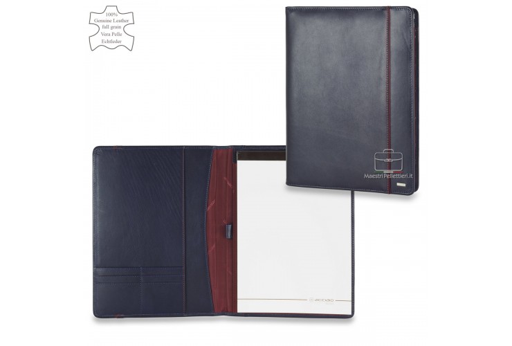 Leather folder slim notepad A4 holder in smooth leather Blue | Acciaio Leather folder slim notepad A4 holder in smooth leather Blue