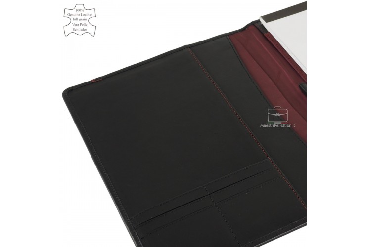 Schlanker A4-Notizblockhalter aus Leder in Glattleder Schwarz | Acciaio Ledermappe, schlanker Notizblock-A4-Halter aus glattem Leder in Schwarz