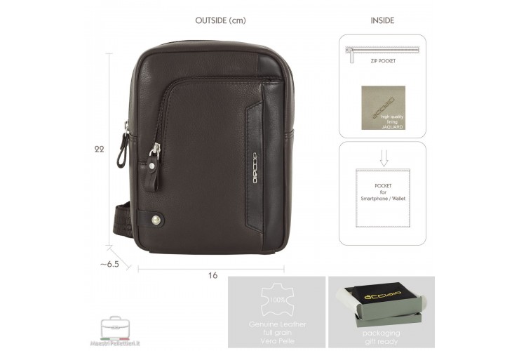 Acciaio Adrian men's brown full-grain leather crossbody bag with front zip pocket