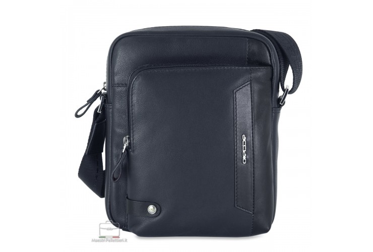Julian – Compact Men's Blue Leather Crossbody Bag Acciaio Julian men's blue full-grain leather crossbody bag with front zip pocket