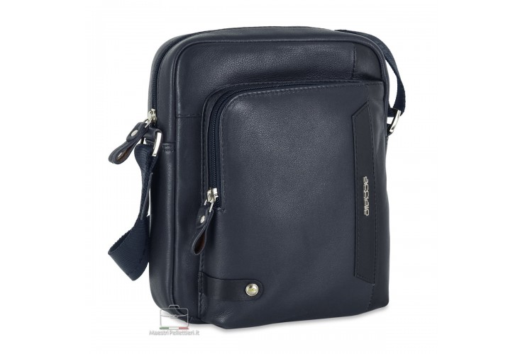Julian – Compact Men's Blue Leather Crossbody Bag Acciaio Julian men's blue full-grain leather crossbody bag with front zip pocket