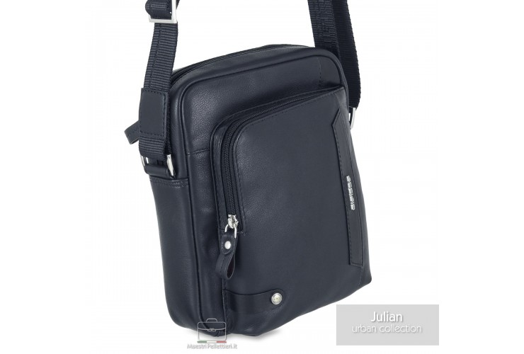 Julian – Compact Men's Blue Leather Crossbody Bag Acciaio Julian men's blue full-grain leather crossbody bag with front zip pocket