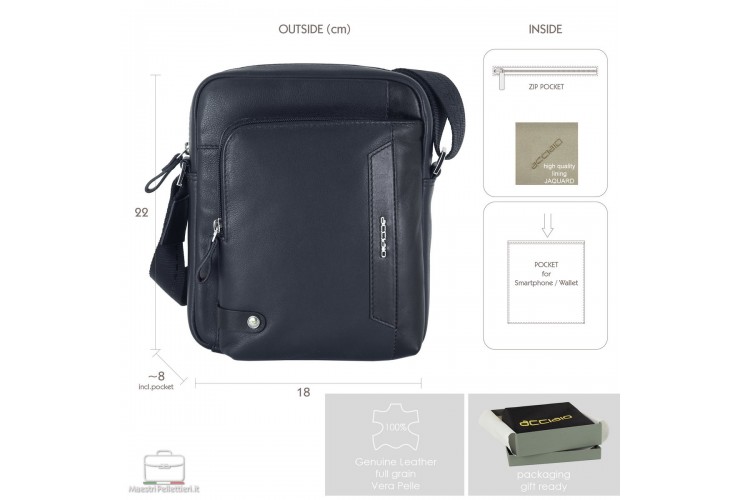 Julian – Compact Men's Blue Leather Crossbody Bag Acciaio Julian men's blue full-grain leather crossbody bag with front zip pocket