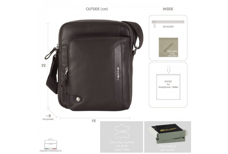 Julian – Borsello Uomo Compatto in Pelle Marrone Borsello uomo Acciaio Julian in pelle pieno fiore Marrone con tasca anteriore con zip
