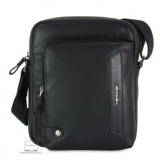 Acciaio Julian men's black full-grain leather crossbody bag with front zip pocket