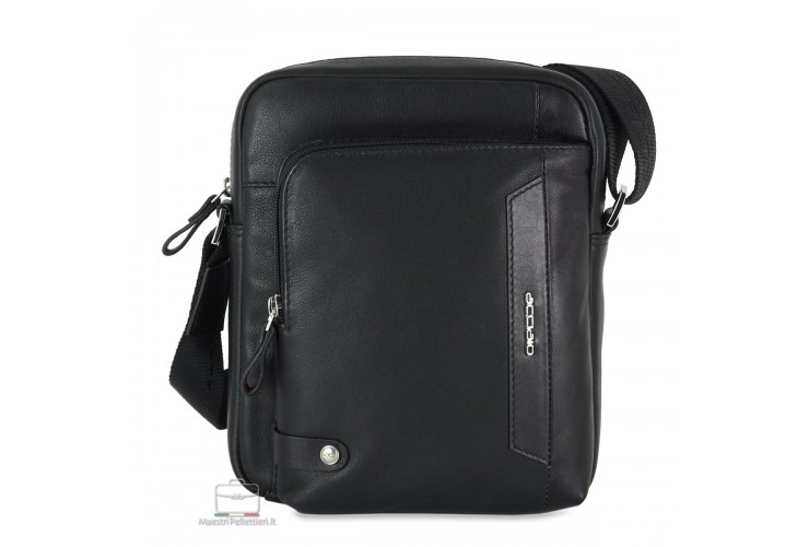 Julian – Compact Men's Black Leather Crossbody Bag Acciaio Julian men's black full-grain leather crossbody bag with front zip pocket