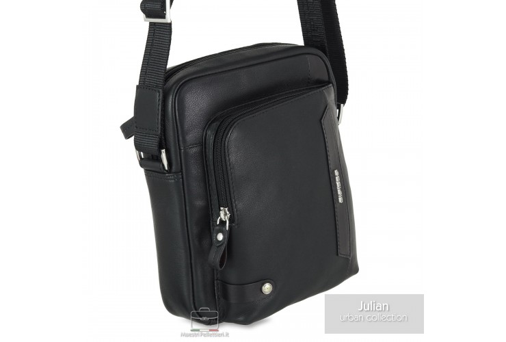 Julian – Compact Men's Black Leather Crossbody Bag Acciaio Julian men's black full-grain leather crossbody bag with front zip pocket