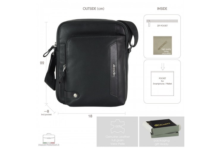 Julian – Compact Men's Black Leather Crossbody Bag Acciaio Julian men's black full-grain leather crossbody bag with front zip pocket