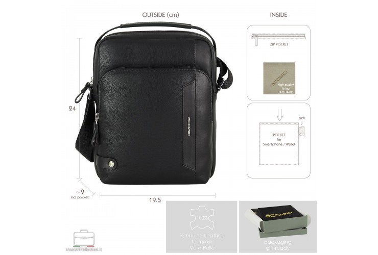 Dorian Herren-Ledertasche Schwarz Dorian Herren-Umhängetasche aus schwarzem Leder von Maestri Pellettieri mit Tragegriff und Schulterriemen