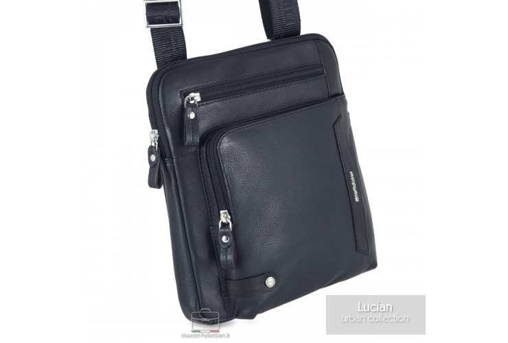Lucian Men's Blue Leather Shoulder Bag Lucian men's blue leather shoulder bag by Maestri Pellettieri with front pocket and adjustable shoulder strap