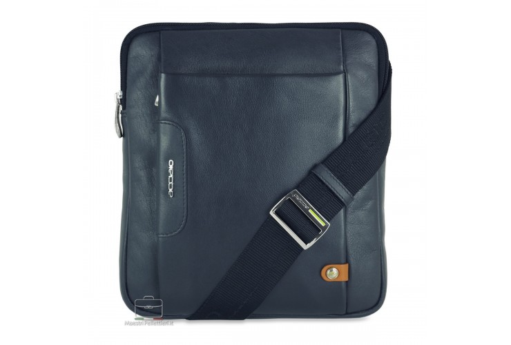 Men's iPad shoulder bag with 2 zip "Fusion" leather Blue Men's iPad shoulder bag with 2 zip "Fusion" leather Blue