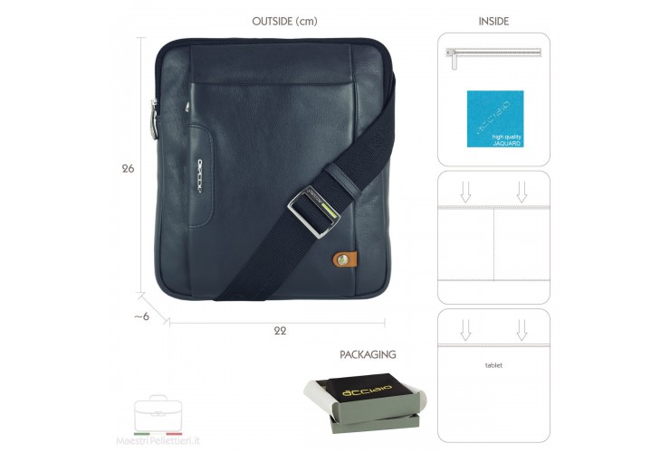 Men's iPad shoulder bag with 2 zip "Fusion" leather Blue Men's iPad shoulder bag with 2 zip "Fusion" leather Blue