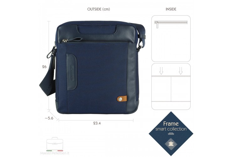 Borsello uomo largo Frame in tessuto e pelle Blu Navy