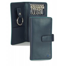 Leather folding key case wallet with 6 hooks Blue