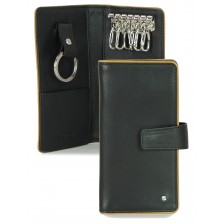 Leather folding key case wallet with 6 hooks black/cognac