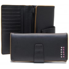 Women's wallet with 4 gussets in leather with strass, Black/Cognac
