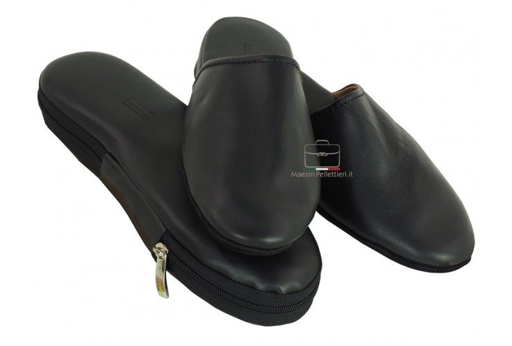 Travel Slippers in italian calf leather - Black