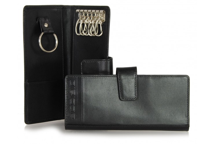 Leather folding key case wallet with 6 hooks black
