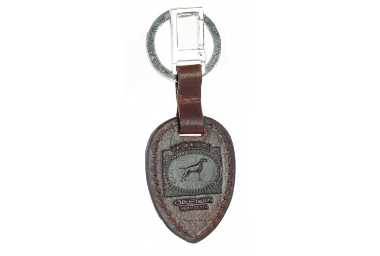 Brown leather keychain with metal ring and snap hook Brown leather keychain with metal ring and snap hook