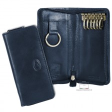 Key pouch with zip long in leather Blue