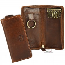 Key pouch with zip long in leather Chestnut Brown