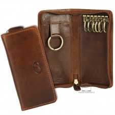 Key pouch with zip long in leather Chestnut Brown