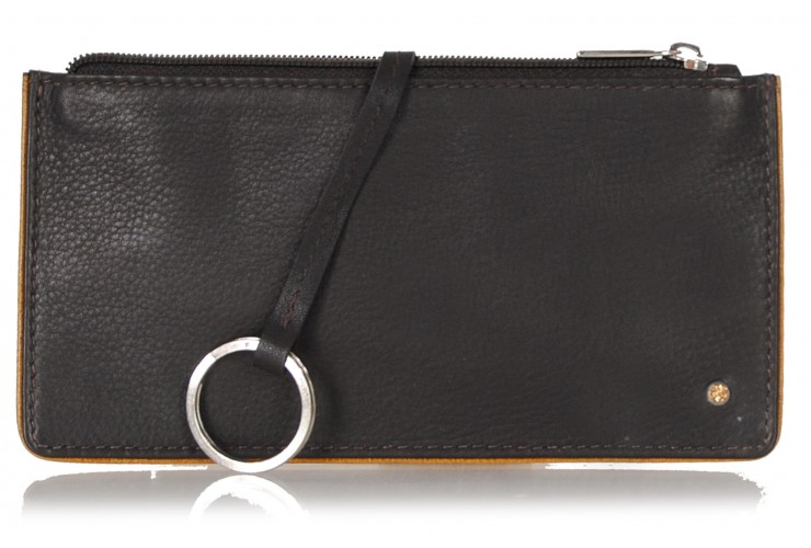 Portachiavi portamonete zip in pelle, chiave lunga blindata marrone