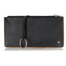 Leather long keys wallet and coin pouch with zip black/cognac