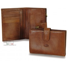 Women bifold wallet with ouside zip, 5 cards and loop closure - Vegetable leather Brown