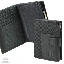Portafoglio donna tessuto e pelle con linguetta, zip esterna Nero Portafoglio donna tessuto e pelle con linguetta, zip esterna Nero