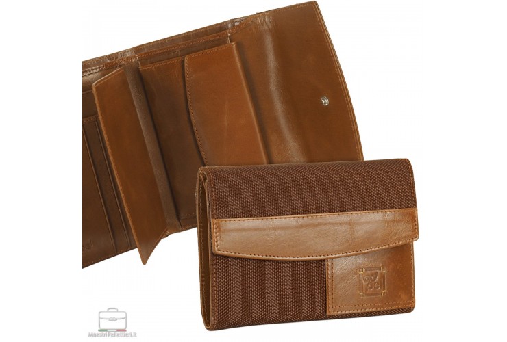 Woman's wallet in fabric and leather with cards and document, flap closure, Cognac