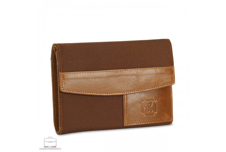 Woman's wallet in fabric and leather with cards and document, flap closure, Cognac