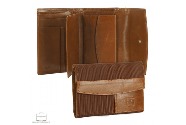 Woman's wallet in fabric and leather with cards and document, flap closure, Cognac