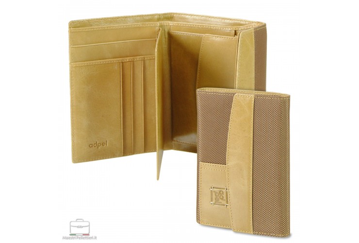 Woman's wallet in fabric and leather with cards and document, flap closure, Beige