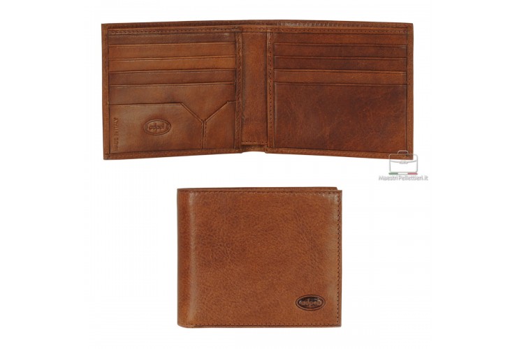 Men's leather small wallet, handy coinholder 8 cards mem-card - Italian vegetable brown leather
