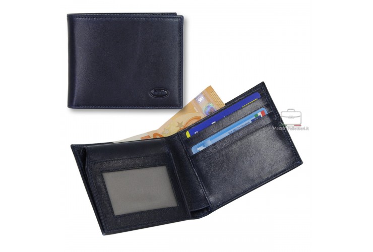 Men's leather wallet 12 cards flap Italian vegetable leather Blue