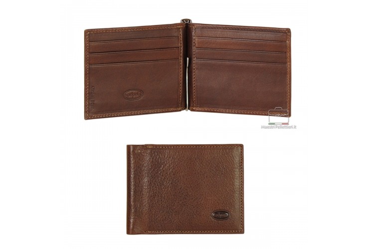 Men's leather dollarclip spring wallet, mini wallet 6 cards - Italian vegetable leather Brown