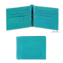 Men's leather bifold wallet, handy spring clip 6 cards - Italian vegetable leather Blu Sky