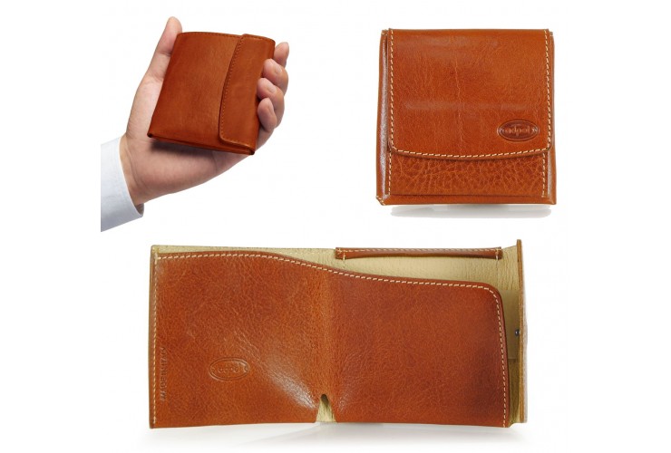 Compact mini wallet with coinpocket - italian vegetable leather Cognac