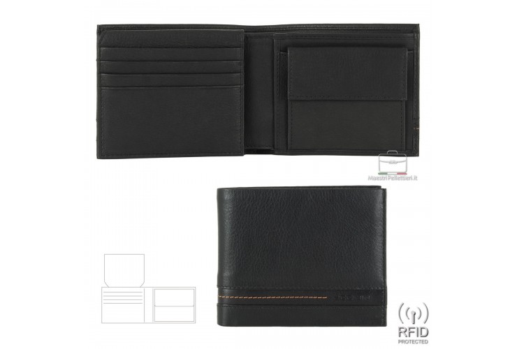 Men's medium wallet in Black leather with coin pocket and flap Men's medium wallet in Black leather with coin pocket and flap