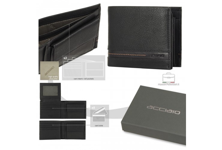 Men's medium wallet in Black leather with coin pocket and flap Men's medium wallet in Black leather with coin pocket and flap