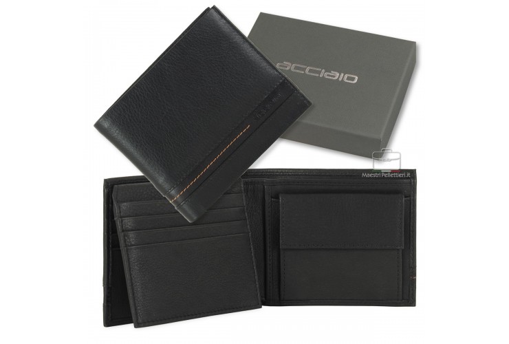 Men's medium wallet in Black leather with coin pocket and flap Men's medium wallet in Black leather with coin pocket and flap