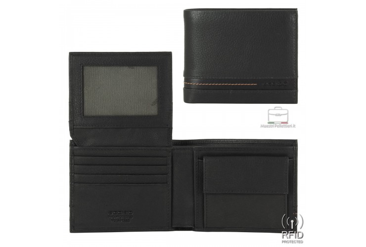 Men's medium wallet in Black leather with coin pocket and flap Men's medium wallet in Black leather with coin pocket and flap