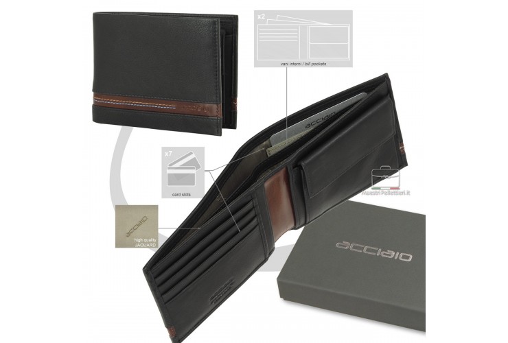 Men's classic wallet in leather with coin pocket Black/Chestnut