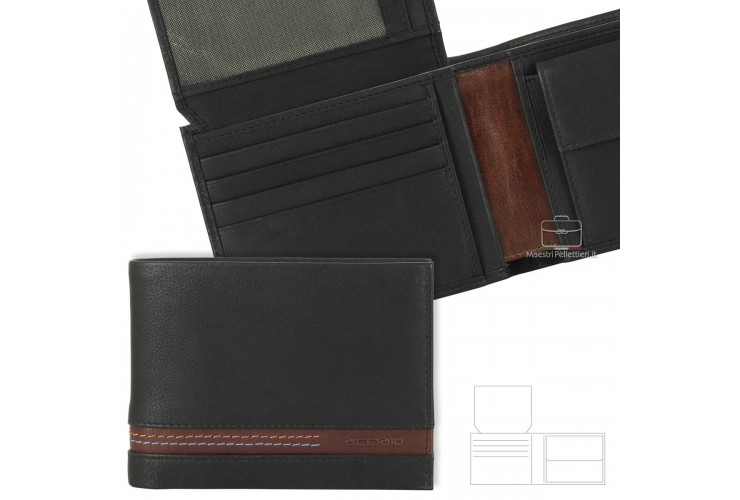 Klassische Herrenbrieftasche aus Schwarz/Kastanie Leder mit Münzfach und Ausweisklappe