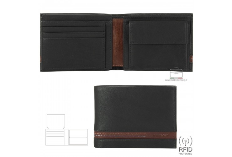 Klassische Herrenbrieftasche aus Schwarz/Kastanie Leder mit Münzfach und Ausweisklappe