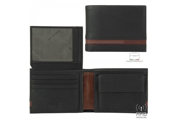 Klassische Herrenbrieftasche aus Schwarz/Kastanie Leder mit Münzfach und Ausweisklappe